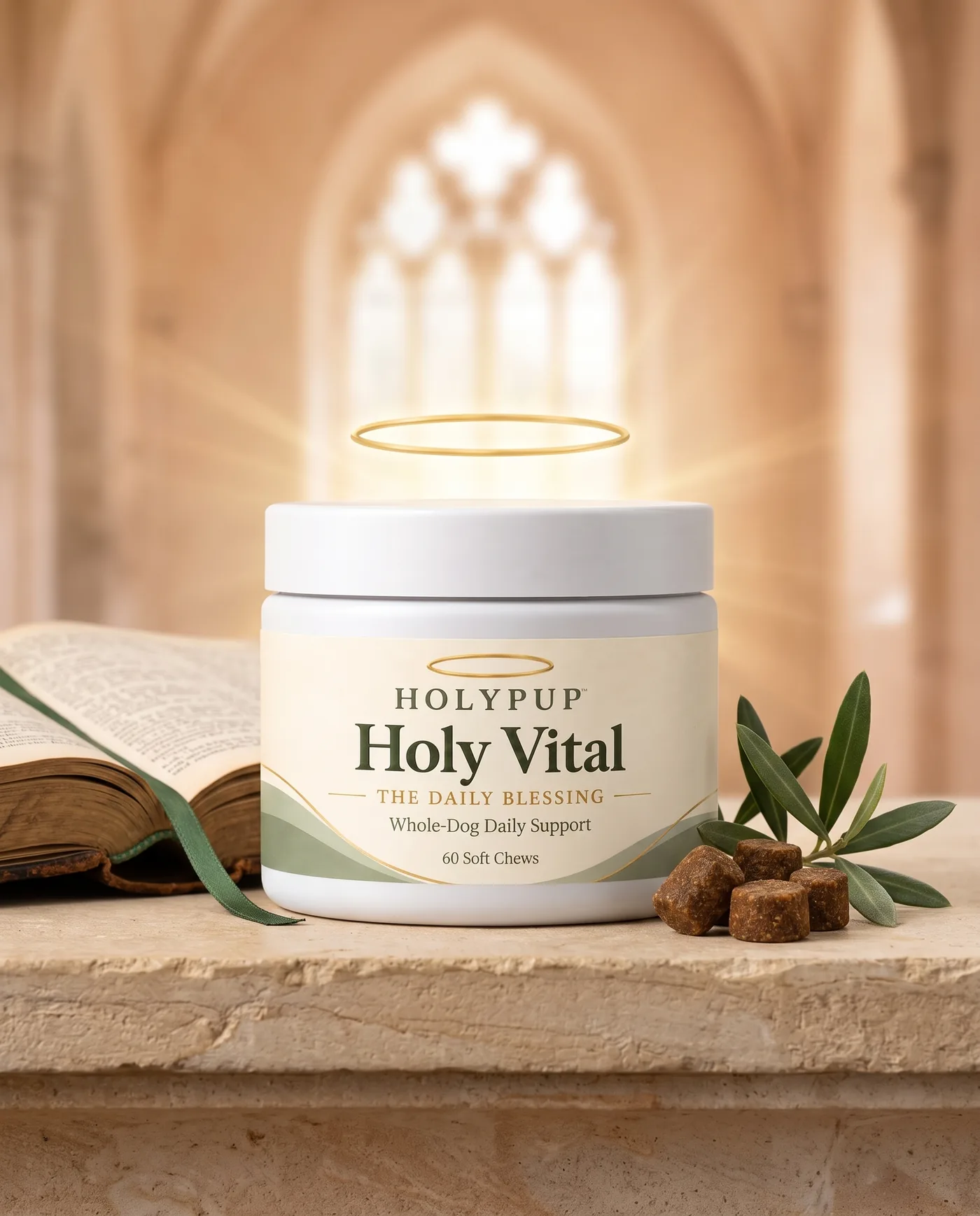 Holy Vital beside an open Bible and an olive branch in soft chapel light