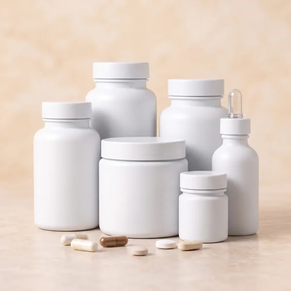 Several blank white supplement bottles and loose pills