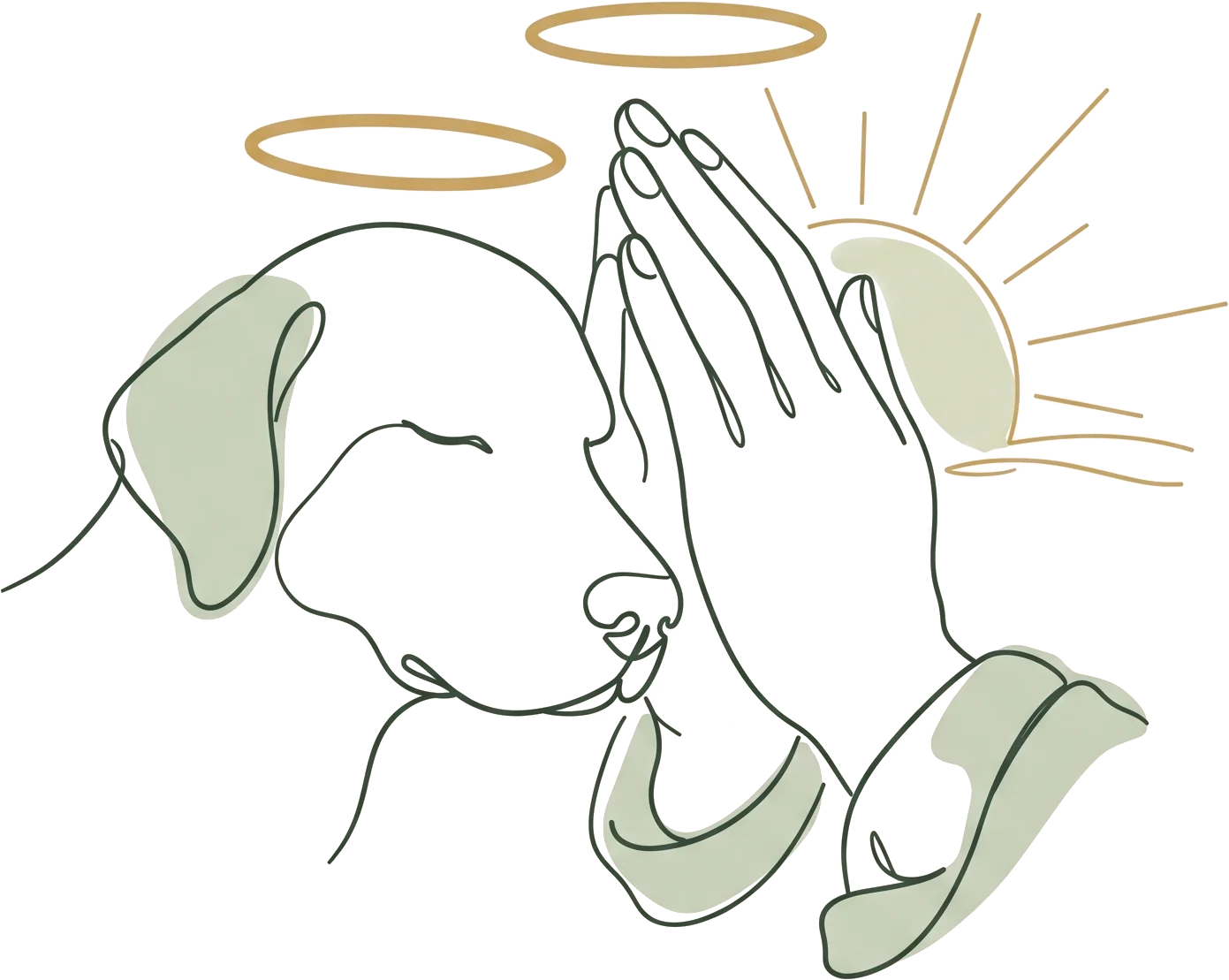 Illustration: hands folded in prayer, a dog resting its head against them beneath a golden halo
