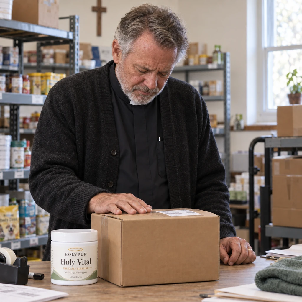 A pastor blessing jars of Holy Vital in the warehouse before they ship
